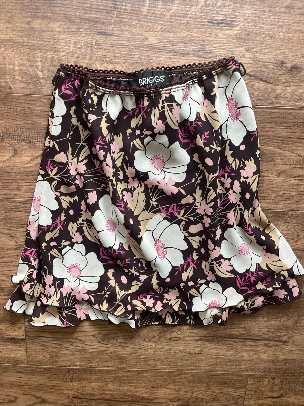 Briggs New York Floral Satin A-Line Skirt in Brown with Pink and Cream Flowers